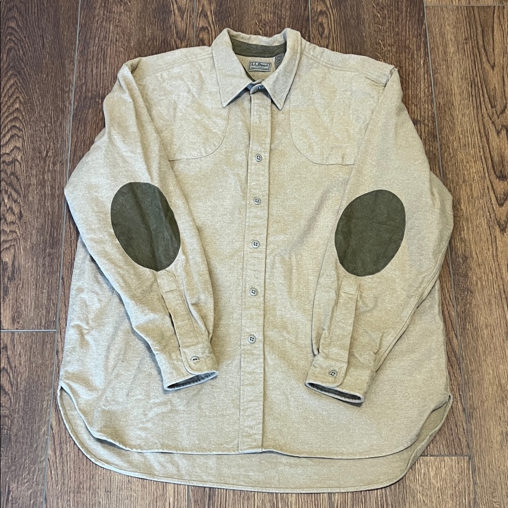 L.L. Bean Tan Shirt with Green Elbow Patches